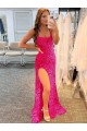 Cheap Spaghetti Straps Sleeveless Long Velvet Sequin Prom Dress with Slit and Criss Cross Open Back UK