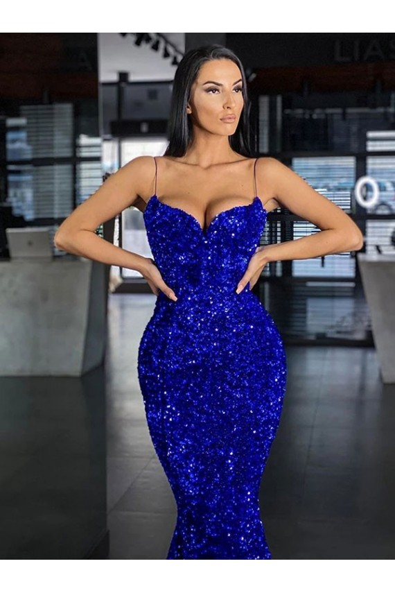 Cheap Mermaid Spaghetti Straps Sleeveless Long Sweep Train Velvet Sequin Prom Dress UK