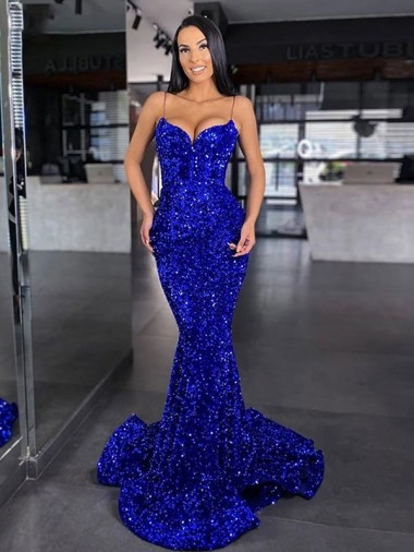 Cheap Mermaid Spaghetti Straps Sleeveless Long Sweep Train Velvet Sequin Prom Dress UK