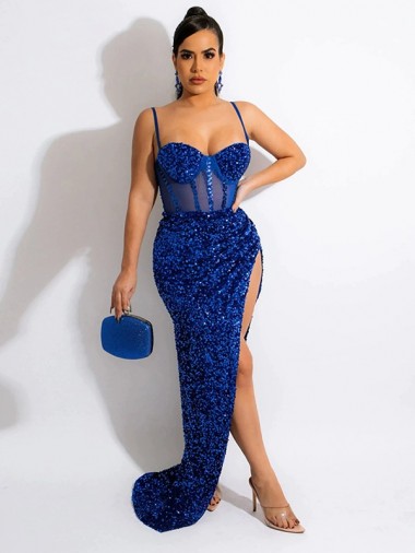 Cheap Long Sweep Train Spaghetti Straps Sleeveless Velvet Sequin Prom Dress with Slit UK