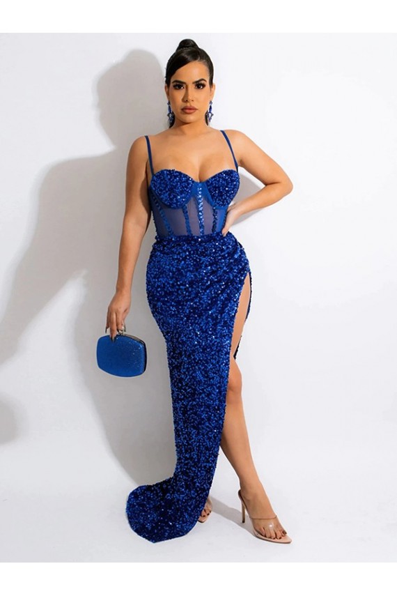 Cheap Long Sweep Train Spaghetti Straps Sleeveless Velvet Sequin Prom Dress with Slit UK