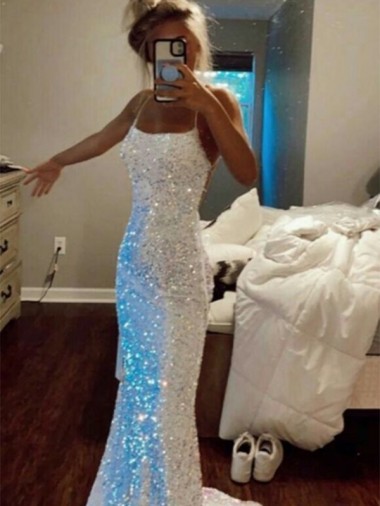 Cheap Long Spaghetti Straps Sleeveless Sweep Train Velvet Sequin Prom Dress UK
