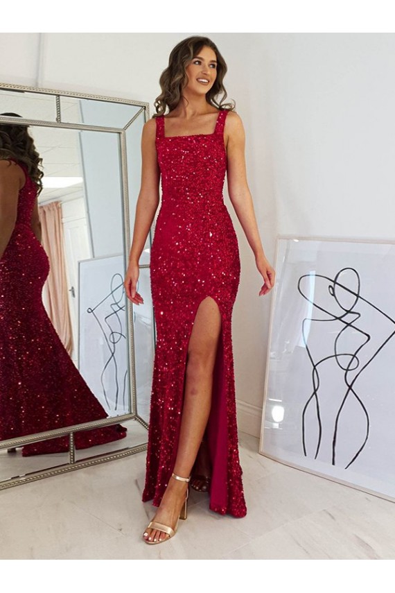 Cheap Square Neck Sleeveless Long Velvet Sequin Prom Dress with Slit UK