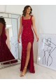 Cheap Square Neck Sleeveless Long Velvet Sequin Prom Dress with Slit UK
