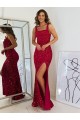 Cheap Square Neck Sleeveless Long Velvet Sequin Prom Dress with Slit UK