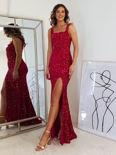 Cheap Square Neck Sleeveless Long Velvet Sequin Prom Dress with Slit UK
