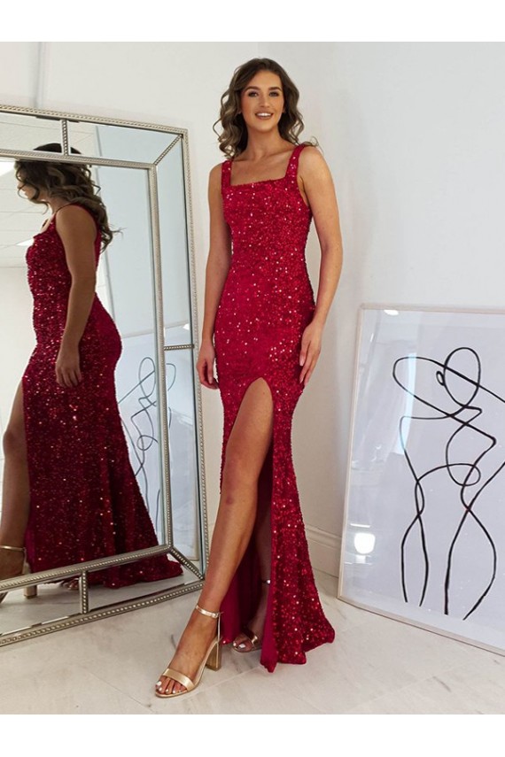 Cheap Square Neck Sleeveless Long Velvet Sequin Prom Dress with Slit UK