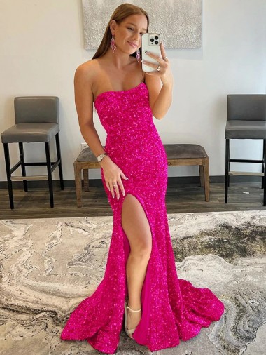 Cheap Strapless Sleeveless Long Sweep Train Velvet Sequin Prom Dress with Side Slit UK