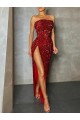 Cheap Strapless Sleeveless Long Floor Length Velvet Sequin Prom Dress High Side Slit UK