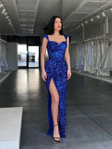 Cheap Sleeveless Long Sweep Train Velvet Sequin Prom Dress with High Slit and Straps UK