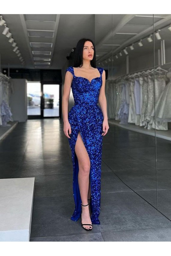 Cheap Sleeveless Long Sweep Train Velvet Sequin Prom Dress with High Slit and Straps UK