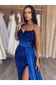 Cheap Sweetheart Sleeveless Long Sweep Train Velvet Sequin Prom Dress with Slit UK