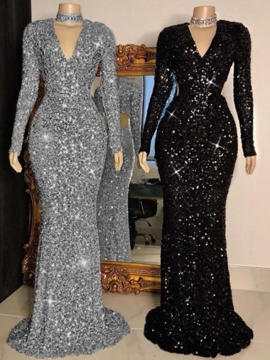 Cheap V-Neck Long Sleeves Long Sweep Train Velvet Sequin Prom Dress UK