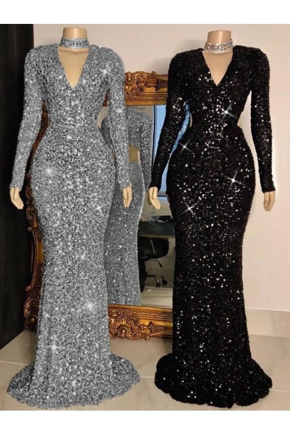 Cheap V-Neck Long Sleeves Long Sweep Train Velvet Sequin Prom Dress UK