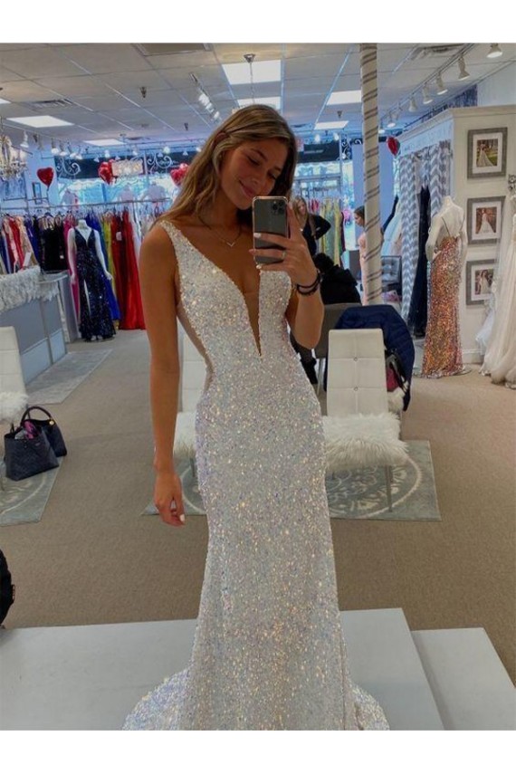 Cheap V-Neck Sleeveless Long Velvet Sequin Prom Dress with Sweep Train UK