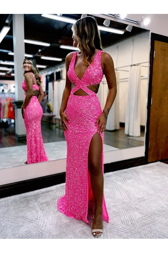 Cheap Long V-Neck Sleeveless Sweep Train Velvet Sequin Prom Dress with High Slit UK