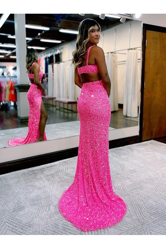 Cheap Long V-Neck Sleeveless Sweep Train Velvet Sequin Prom Dress with High Slit UK