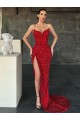 Cheap V-Neck Sleeveless Long Sweep Train Velvet Sequin Prom Dress with High Side Slit UK