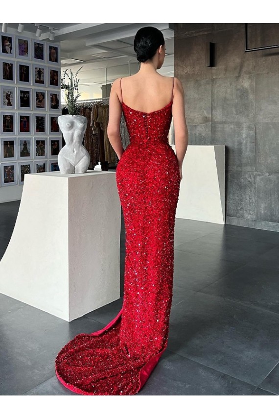 Cheap V-Neck Sleeveless Long Sweep Train Velvet Sequin Prom Dress with High Side Slit UK