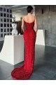 Cheap V-Neck Sleeveless Long Sweep Train Velvet Sequin Prom Dress with High Side Slit UK
