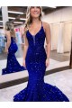 Cheap Mermaid V-Neck Sleeveless Long Court Train Velvet Sequin Prom Dress UK
