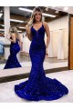 Cheap Mermaid V-Neck Sleeveless Long Court Train Velvet Sequin Prom Dress UK