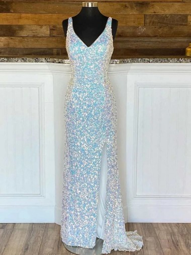 Cheap V-Neck Sleeveless Long Sweep Train Velvet Sequin Prom Dress UK
