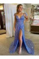 Cheap A-Line V-Neck Sleeveless Long Court Train Velvet Sequin Prom Dress with High Slit UK