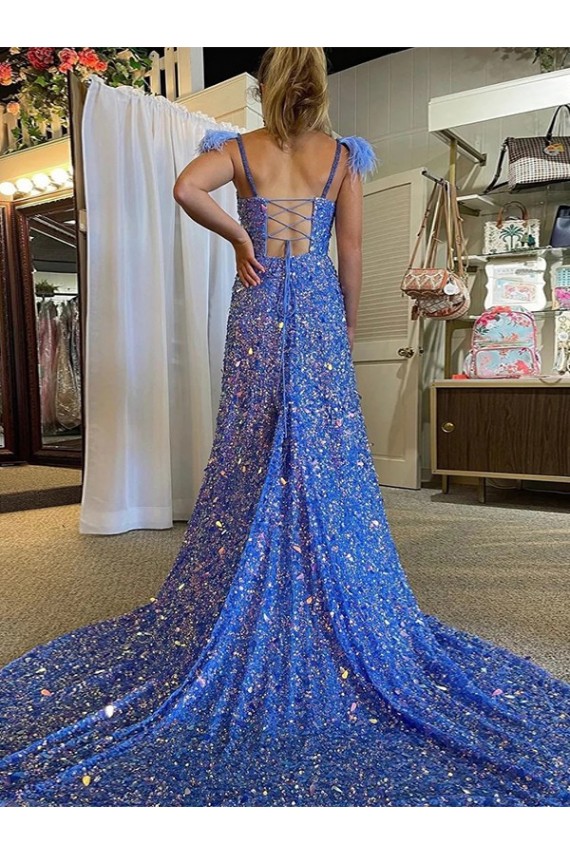 Cheap A-Line V-Neck Sleeveless Long Court Train Velvet Sequin Prom Dress with High Slit UK