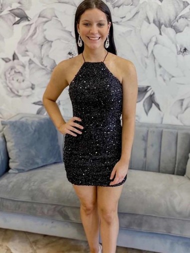 Cheap Halter Sleeveless Short Velvet Sequin Prom Dress UK