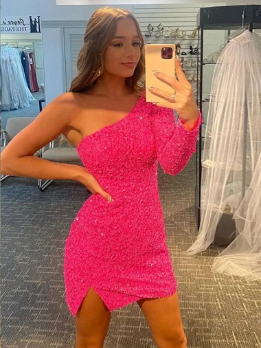 Cheap Short Velvet Sequin One Shoulder Long Sleeves Prom Dress UK