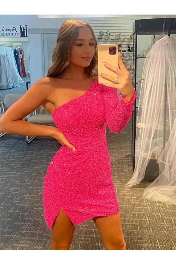 Cheap Short Velvet Sequin One Shoulder Long Sleeves Prom Dress UK