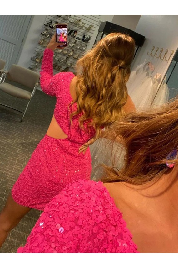 Cheap One Shoulder Long Sleeves Short Velvet Sequin Prom Dress UK