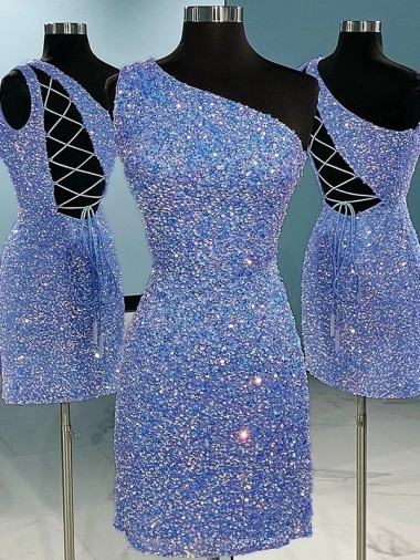 Cheap Short Velvet Sequin One Shoulder Sleeveless Prom Dress UK