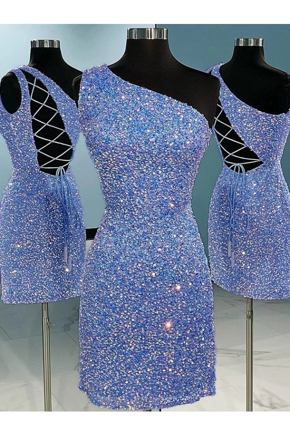 Cheap Short Velvet Sequin One Shoulder Sleeveless Prom Dress UK