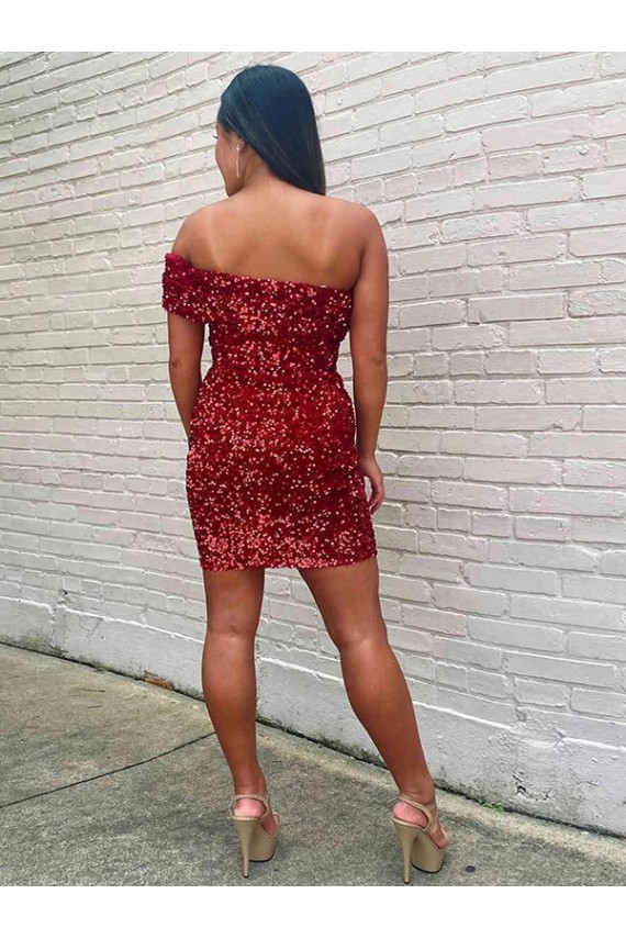 Cheap Short One Shoulder Sleeveless Velvet Sequin Cocktail Prom Dress UK