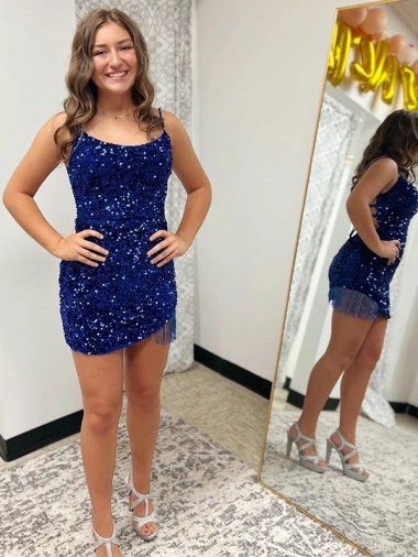 Cheap Spaghetti Straps Backless Sleeveless Short Velvet Sequin Prom Dress UK