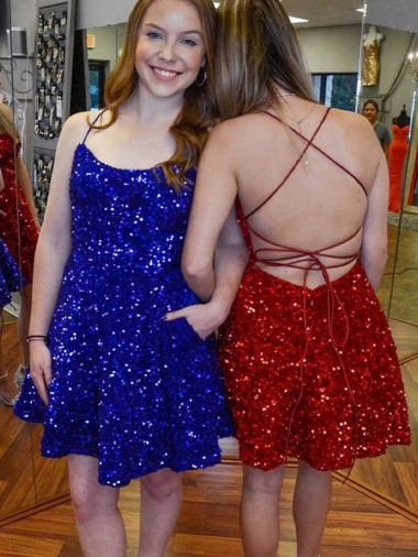 Cheap A-Line Spaghetti Straps Sleeveless Short Velvet Sequin Prom Dress UK