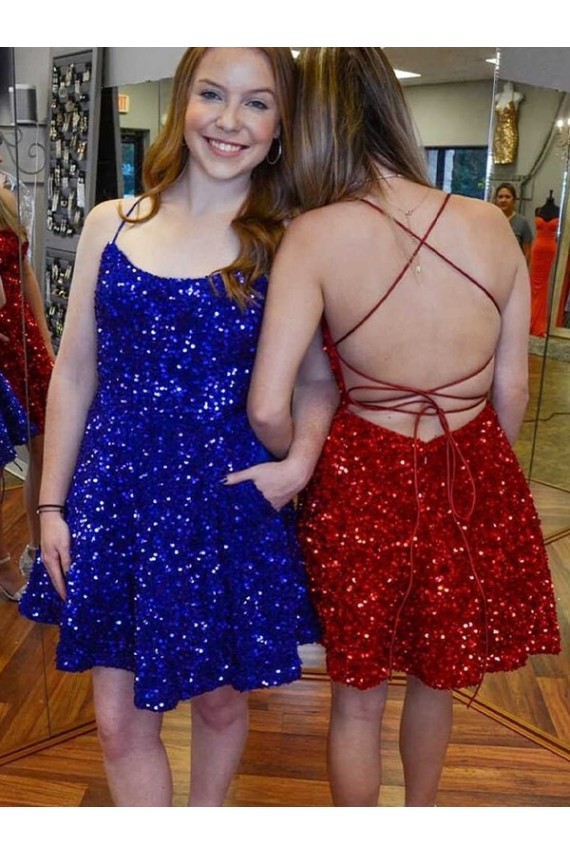 Cheap A-Line Spaghetti Straps Sleeveless Short Velvet Sequin Prom Dress UK
