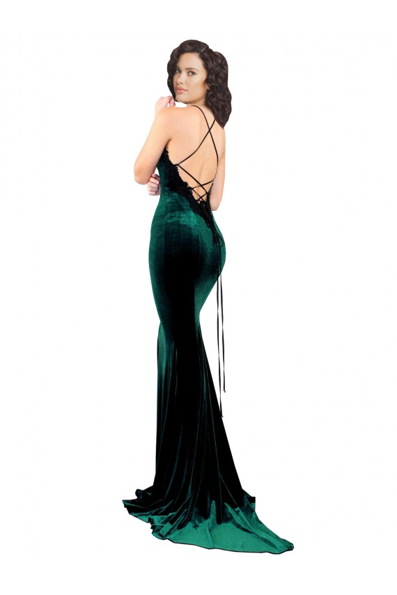 Cheap High Neck Stretch Velvet Prom Dress with Black Lace Embroidery UK
