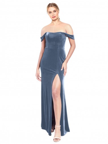 Cheap Draped Sleeves Wide Scoop Neck Off the Shoulder Velvet Prom Dress UK