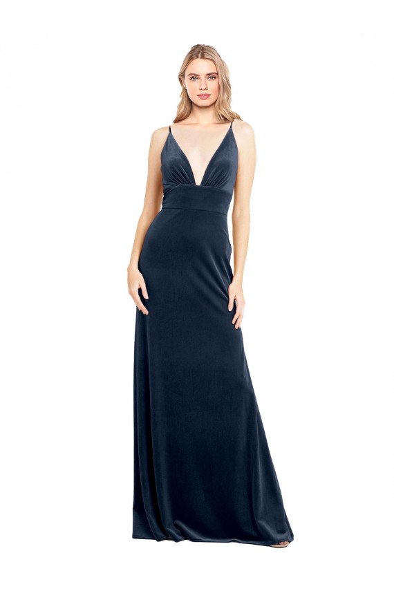 Cheap V-Back Long Velvet Prom Dress with Notched V-Neck and Spaghetti Straps UK