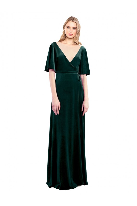 Cheap Deep V-Neck Flutter Sleeves Long Velvet Wrap Prom Dress UK
