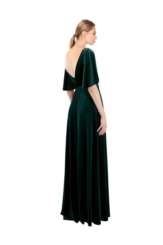 Cheap Deep V-Neck Flutter Sleeves Long Velvet Wrap Prom Dress UK