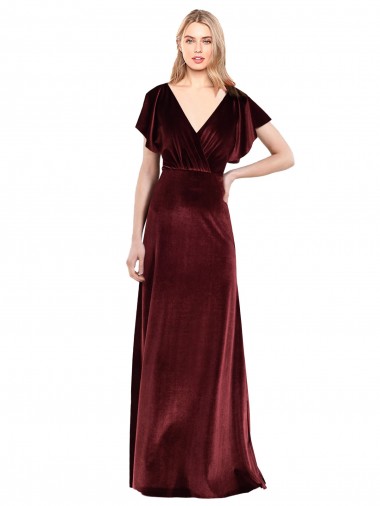 Cheap Flutter Sleeves Open Back Long Velvet Prom Dress UK