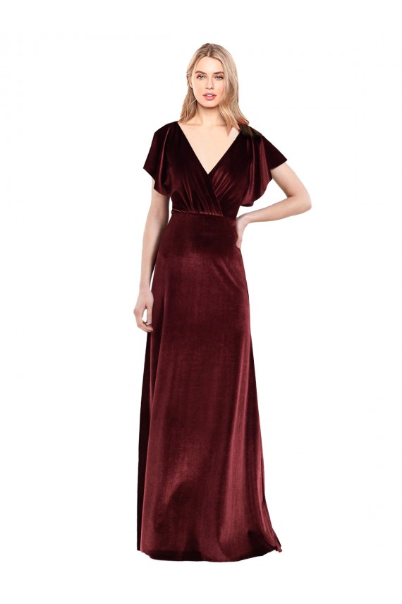Cheap Flutter Sleeves Open Back Long Velvet Prom Dress UK