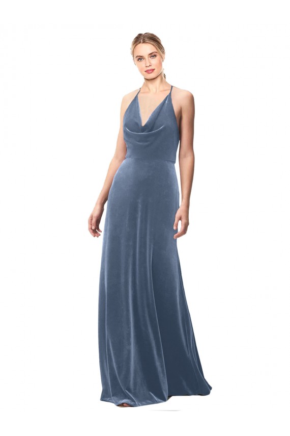 Cheap Halter Cowl Neck Long A-Line Velvet Prom Dress with Keyhole Back UK