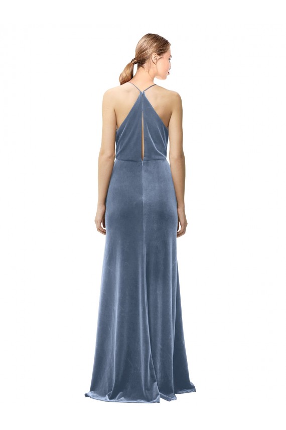 Cheap Halter Cowl Neck Long A-Line Velvet Prom Dress with Keyhole Back UK