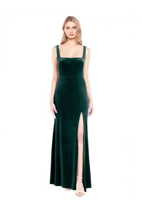 Cheap Square Neck Full Length Velvet Prom Dress with Side Slit UK