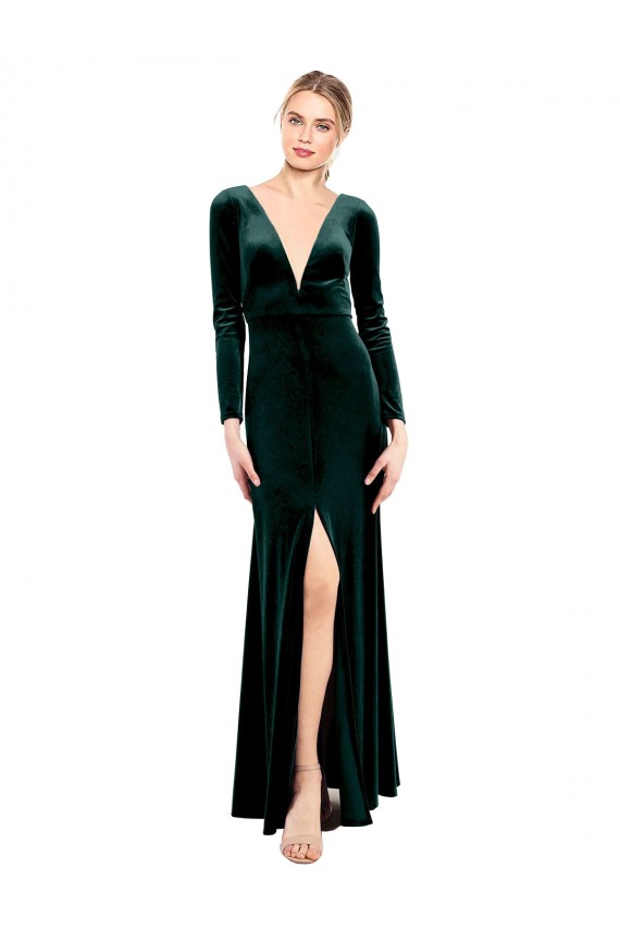 Cheap Plunging V-Neckline Long Sleeves Open Back Velvet Prom Dress UK